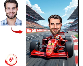Custom Male Formula 1 Caricature, Cartoon Portrait From Photo, Ferrari Painting, Formula 1 Gift, Car Lover Portrait, Racing Pilot Drawing