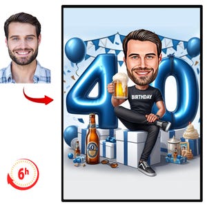 Custom 40th Man Cartoon Portrait | 40th Birthday Caricature | Birthday Cartoon | Personalized Birthday Gift | Man's Birthday | Funny Gift