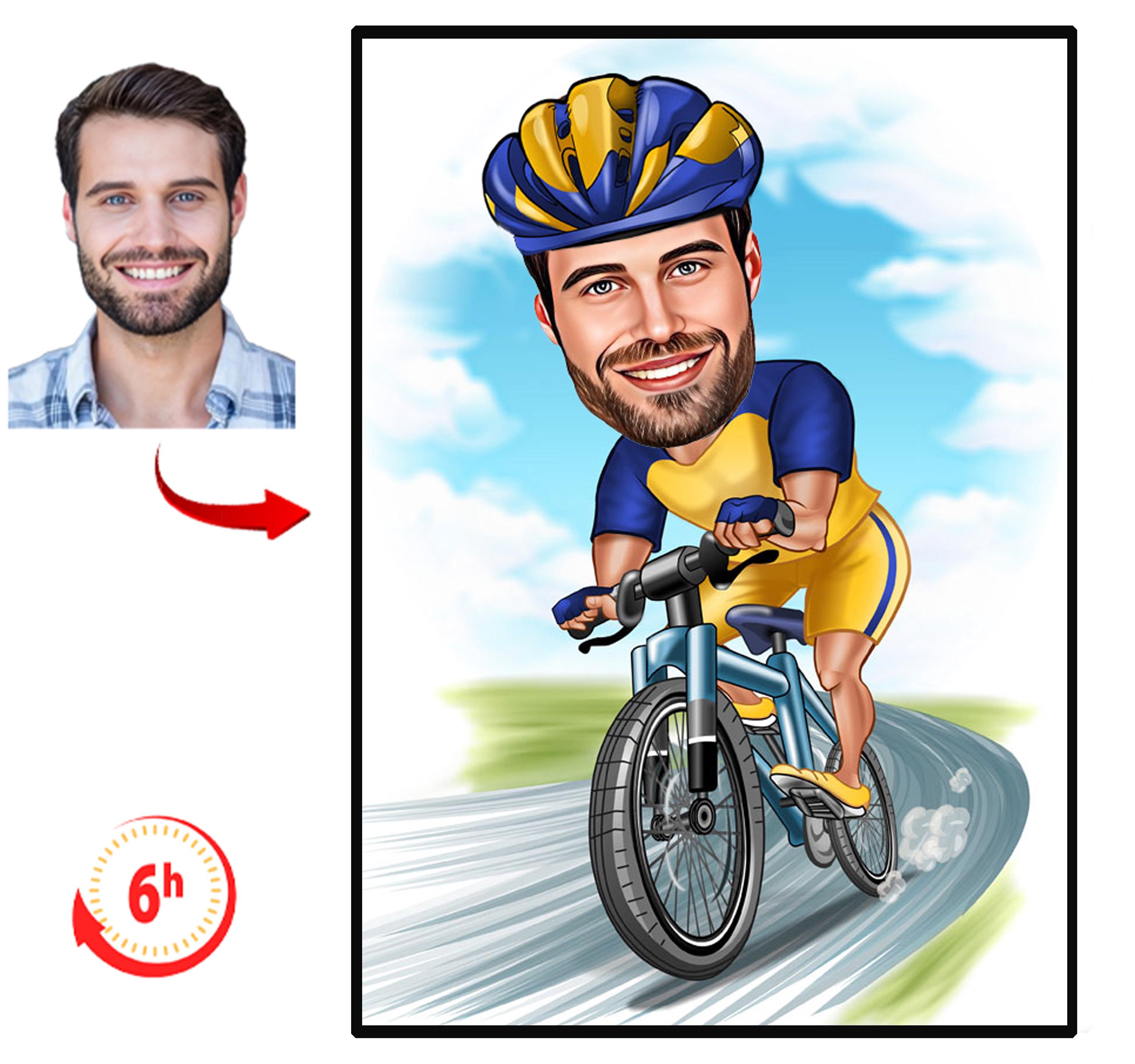 Personalized Cyclist Cartoon Portrait, Biker Portrait, Cyclist Gift, Cyclist Caricature, Custom Caricature, Caricature from Photo