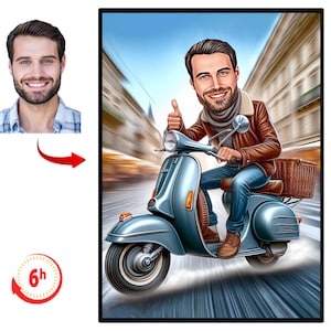 Personalised Scooter Cartoon Portrait, Custom Vespa Caricature Drawing, Funny Mod Caricature, Gift for Vespa Enthusiast, Vespa, Lambretta,