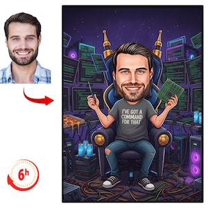 May include: Cartoon portrait of a man with a large head, wearing a gray t-shirt with the text "I've got a command for that." He is seated in a throne-like chair, holding a screwdriver and a circuit board. The background features computer screens and cables.