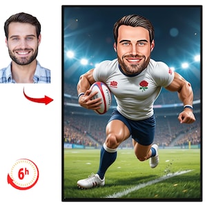 Caricatura personalizzata di un giocatore di rugby, disegno di una caricatura di rugby personalizzata, cartone animato divertente da foto, disegno personalizzato di un giocatore di rugby, giocatore di calcio