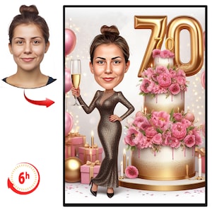 Gepersonaliseerde karikatuur 70e verjaardag van foto's, gelukkige verjaardag cartoon portret cadeau, gelukkige 70e verjaardag, karikatuur van foto