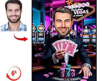 Custom poker cartoonportret, pokerkarikatuur, cadeau voor mannelijke pokerspeler, grappige pokergitaar, karikatuur van foto, gepersonaliseerde poker