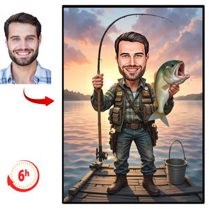 Portrait personnalisé de dessin animé de pêcheur, cadeau pour pêcheur, caricature de pêcheur, dessin animé de pêcheur, caricature personnalisée, caricature de pêcheur à partir d'une photo