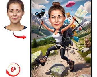 Custom Female Hiker Cartoon Portrait from Photo | Personalized Hiking Caricature | Funny Woman Hiking Artwork | Outdoor Gift