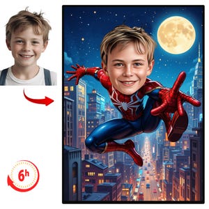 May include: A digital portrait of a young boy's face superimposed on a Spider-Man costume, set against a cityscape at night with a full moon. The boy is smiling. The image includes a 6-hour turnaround time graphic.