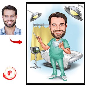 Custom Surgeon Cartoon Portrait, Surgeon Caricature, Gift for Male Surgeon, Funny Surgeon Caricature from Photo, Surgeon Office Wall Art