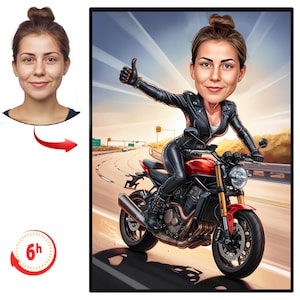 Aangepaste vrouwelijke motorrijder cartoonportret, motorrijders, vrouw motorrijder cartoon tekening, gepersonaliseerde karikatuur van een motorrijdermeisje
