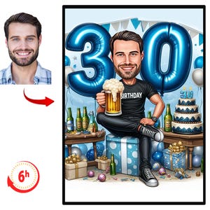 Personalisiertes 30.Karikaturporträt, kundenspezifische alles Gute zum Geburtstagkarikaturzeichnung, lustige Karikatur, Geschenk für sie, glücklicher 30., 30., 30. Geburtstag