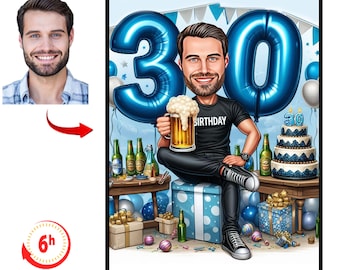 Personalised 30th Cartoon Portrait, Custom Happy Birthday Caricature Drawing, Funny Caricature, Gift for Her, Happy 30th, 30, 30th birthday