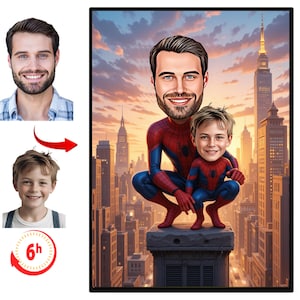 Benutzerdefinierte Super Dad und Sohn Cartoon Portrait, Super Dad Portrait, Papas Geschenk, Super Dad Karikatur, Superhelden-Karikatur, Karikatur vom Foto