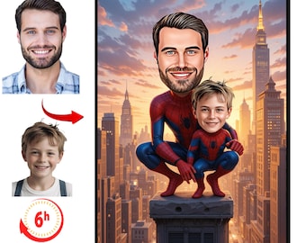 Custom Super Dad and Son Cartoon Portrait, Super Dad Portrait, Dad&#39;s Gift, Super Dad Caricature, Superhero Caricature, Caricature from Photo