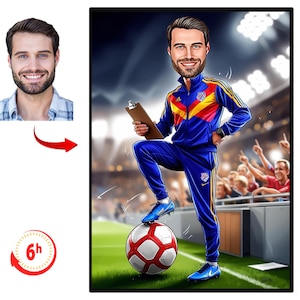 Aangepaste voetbalcoach cartoonportret, aangepaste voetbalcoach karikatuurtekening van foto, grappige voetbalcoach karikatuur, cadeau voor hem