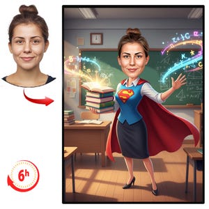 Op de afbeelding: Digitale illustratie van een vrouw als superheldenleraar. Ze draagt een blauw vest met een rood Superman-logo, een rode cape en een zwarte rok. Ze houdt boeken vast die licht uitstralen, met een schoolbord en een bureau op de achtergrond.