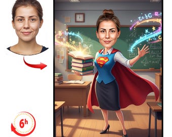 Custom Female Teacher Cartoon Portrait | Personalized Teacher Caricature from Photo | Funny Educator Artwork | School Staff Gift
