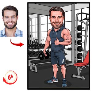 Custom Gym Cartoon Portrait, Fitness Trainer Caricature, Gift for Fitness Trainer, Funny Fitness Trainer Caricature from Photo