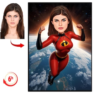 Personalisiertes Superhelden-Frauenkarikaturporträt, benutzerdefiniertes Frauenporträt, Frauengeschenk, Superfrau-Karikatur, Superheld-Karikaturzeichnung