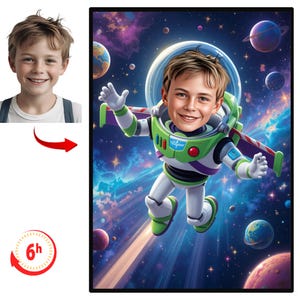 May include: A digital illustration of a child's face superimposed on the body of Buzz Lightyear, the space ranger from the Toy Story franchise. The illustration is set against a starry night sky background with planets and a comet.