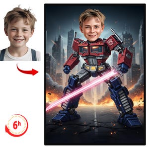 May include: A digital artwork depicts a young boy's face superimposed on a red, blue, and gray robot. The robot is holding a pink sword, set against a cityscape backdrop. The image includes a smaller portrait of the boy and a 6-hour turnaround icon.