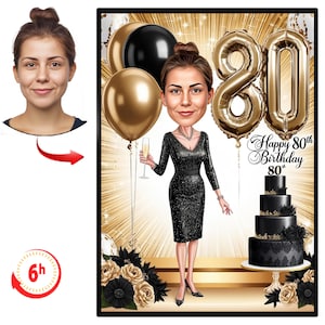 Caricatura personalizada de 80º aniversário a partir de fotos, presente de retrato de desenho animado de feliz aniversário, feliz aniversário de 0º aniversário, caricatura de foto