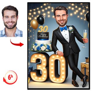 Personalised 30th Cartoon Portrait, Custom Happy Birthday Caricature Drawing, Funny Caricature, Gift for Her, Happy 30th, 30, 30th birthday