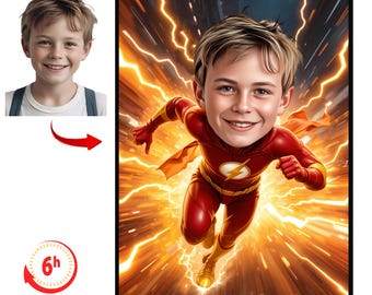 Personalized Superhero Cartoon Portrait, Custom Superhero Caricature Drawing from Photo, Funny Superhero Caricature, Gift for Son, Flash