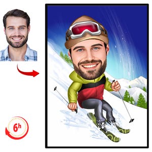 Benutzerdefiniertes Skifahrer-Karikatur-Porträt, Skier-Karikatur, Geschenk für männlichen Skifahrer, Skier-Karikatur, lustige Skier-Karikatur vom Foto, benutzerdefiniertes Skifahrergeschenk