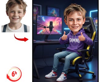 Gamer Boy Personalized Portrait, Custom Gamer Cartoon from Photo, Gaming Boy Caricature, Gamer Gift for Kids, Custom Portrait for Gamers