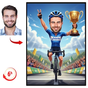 Peut inclure: Illustration numérique d'un cycliste célébrant sa victoire, tenant un trophée. Le cycliste porte un maillot et un casque bleus. L'arrière-plan montre une foule et un ciel bleu. Le trophée porte le numéro 35.