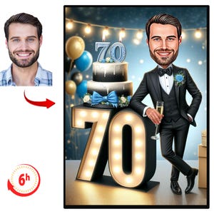Personalisiertes 70er Jahre Karikaturporträt, benutzerdefinierte alles Gute zum Geburtstagkarikaturzeichnung, lustige Karikatur, Geschenk für ihn, glückliches 40.50., 60.70., 70