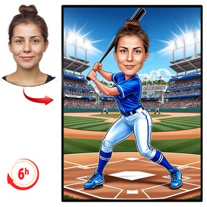 May include: A digital caricature of a person in a blue and white baseball uniform, holding a bat and standing on a baseball field. The person is smiling and looking to the right.
