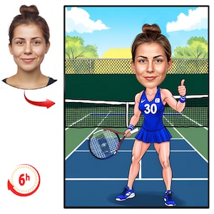 Aangepaste vrouw tennisser cartoon portret, tennis karikatuur, cadeau voor tennisser, tennis cartoon, aangepaste karikatuur van foto, tennis