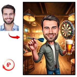Retrato de desenho animado de jogador de dardos personalizado, desenho de caricatura de dardos personalizado, caricatura engraçada, presente para amigo, bebedor, pub, cerveja, darter