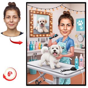 Pet Groomer Cartoon Portrait from Photo, Funny Pet Groomer Gift for Women, Pet Groomer Caricature Drawing, Dog Groomer Digital Art