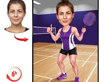 Custom Badminton Caricature Gift - Personalized Sports Portrait for Badminton Player - Unique Digital Cartoon Art for Athletes & Fans