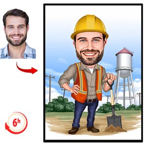 Construction Worker Caricature Drawing from Photo, Funny Construction Worker Gift for Men, Construction Worker Cartoon