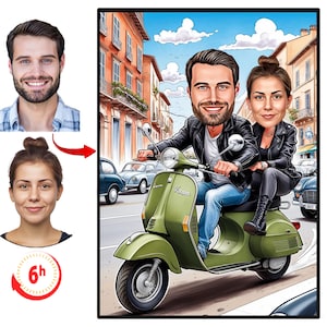 Custom Scooter Couple Portrait | Custom Vespa Caricature | Vespa | Personalized Scooter Caricature | Gift for Vespa Lovers | Lambretta