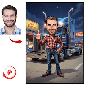 Vrachtwagenchauffeur cadeau, vrachtwagenchauffeur karikatuur van foto, grappige vrachtwagenchauffeur kunst, grappig portret trucker cadeau, unieke vrachtwagenchauffeur cartoon tekening