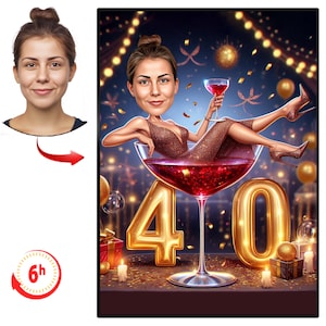 Niestandardowy 40. karykatura portretowa | 40. karykatura | Spersonalizowana karykatura urodzinowa | 40. karykatura urodzinowa | 40. karykatura urodzinowa