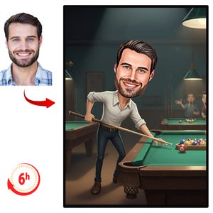 May include: Digital caricature of a man playing pool, holding a cue stick, with a large head and exaggerated features. The image includes a smaller portrait and a 6-hour turnaround time graphic.