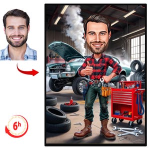 Può includere: Un'illustrazione di un cartone animato di una persona con una camicia a quadri rossi e neri in piedi in un garage con una cassetta degli attrezzi. La persona tiene una chiave e fa un pollice in su. C'è un'auto d'epoca sullo sfondo.