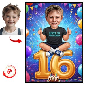 Può includere: Illustrazione digitale di un ragazzo seduto su un palloncino dorato a forma di 16. Indossa una maglietta nera con "LEVEL 16 UNLOCKED" e fa il pollice in su. Palloncini colorati e coriandoli sullo sfondo.