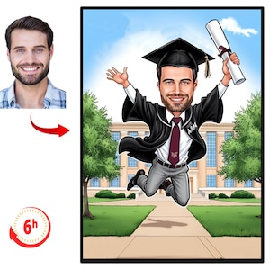 May include: A cartoon illustration of a graduate in a black cap and gown, jumping for joy while holding a diploma. The graduate is wearing a maroon tie and gray pants. The background features a university building and a blue sky.