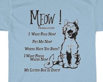 Camiseta con texto "Miau!", camiseta para amantes de los gatos, camiseta divertida con texto "Miau", camiseta unisex de algodón grueso
