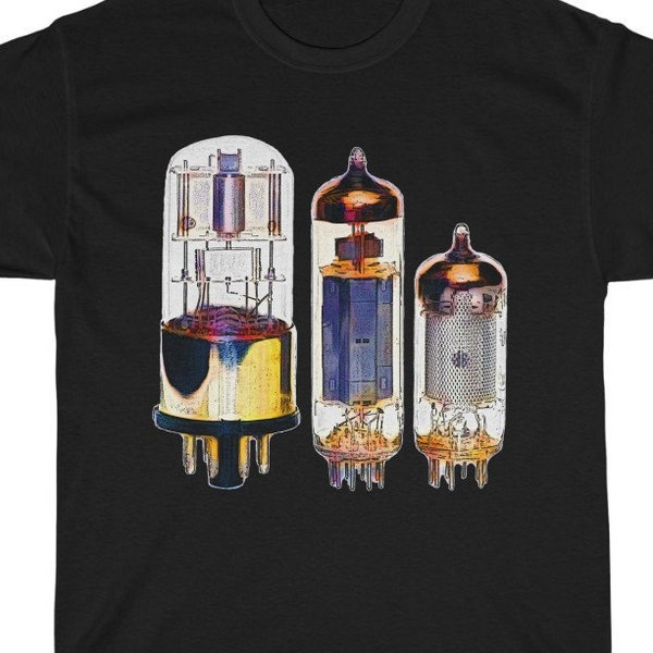 Vacuum Tubes Unisex T Shirt, Retro Electronics T Shirt, Pop Art Tech Shirt, Amplificatore per Chitarra, Audiophile, Old Radio Tubes