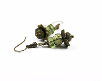 Vintage Style Green Floral Earrings, Rose Czech Glass with Hand Colored Brass