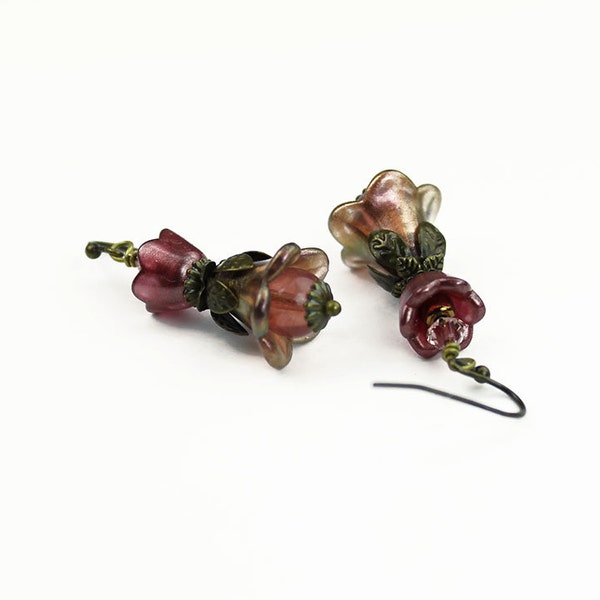 Rose Pink Gold Flower Hand Dyed Vintage Style Earrings with Brass ,Czech Glass, Swarovski Crystal, Gifts for Her