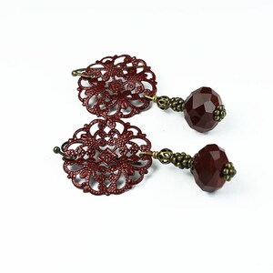 Vintage Style Deep Red Painted Filigree and Czech Glass Earrings