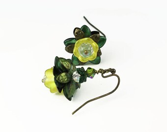 Olive & Lime Yellow Lucite Flower Vintage Style Earrings, Hand Painted